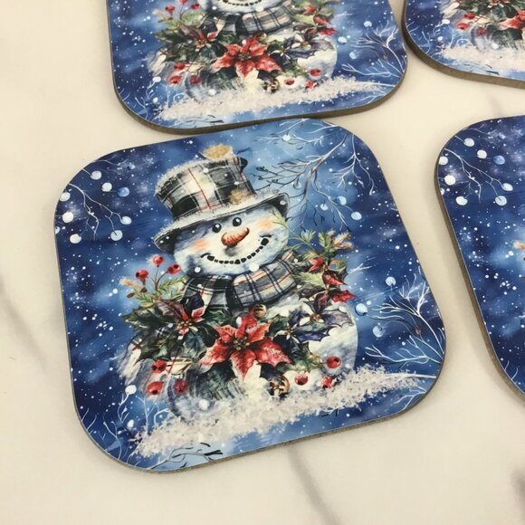 Snowman Hardboard Coasters Plaid Top Hat, Wintery Blue Background Set of 4 - Picture 2 of 7